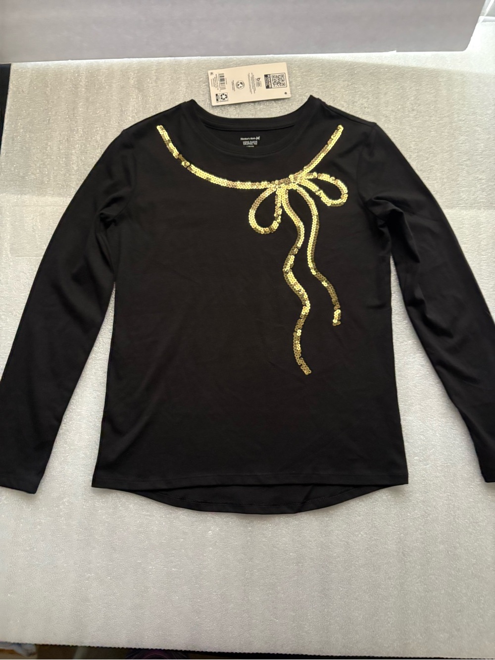 wonder nation Black Long Sleeve Top with Gold Sequin Bow Accent